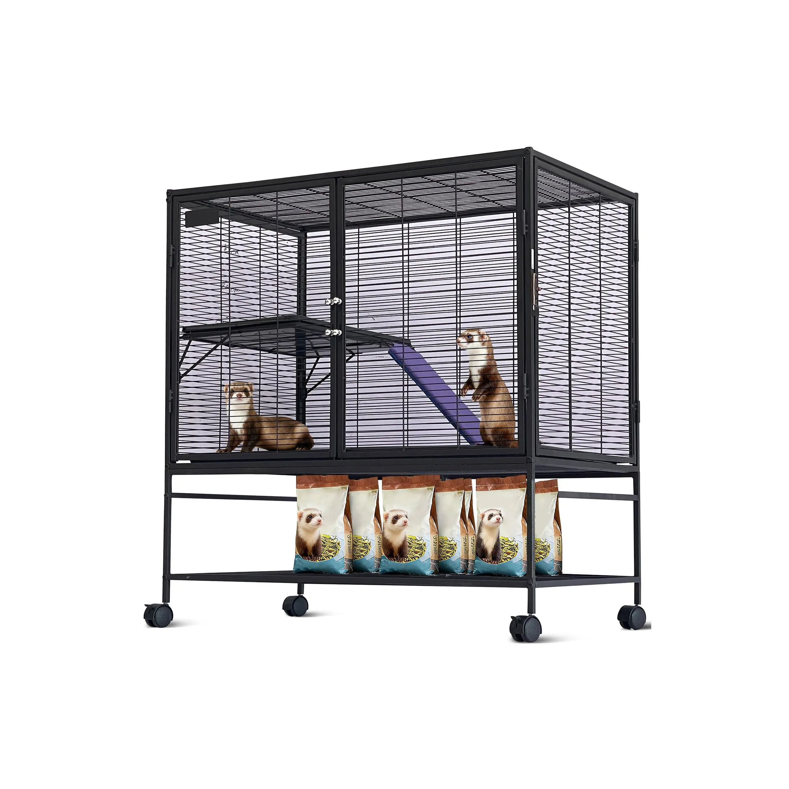 Metal Small Animal Cage, Multi‑Level Ferret Cage for Small Animals, Large Hamster Cage with Removable Ramp & Removable Tray for Chinchilla, Rabbit, Guinea Pigs, Hedgehog, Gerbil