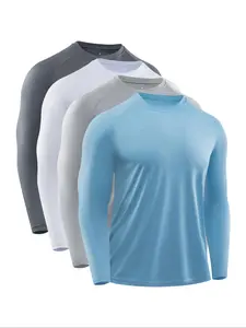 Men's 4pcs Solid Round Neck Sports Tee, Breathable Quick Drying Lightweight Long Sleeve T-shirt, Casual Sporty Top, Athletic Fitted Breathable, Athletic Sports Clothing for Outdoor Running Gym