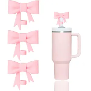 3 Pcs Classic Pink Bow Straw Covers Cap Toppers Compatible with Stanley 30&40 oz Tumbler Cup,Reusable Cute Silicone Straws Tips Lid Protectors for 0.4 in/10mm Stanleys Cups Straw Accessories
