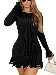 Flared Sleeve Slim Waist Knit Dress, Elegant Women's Fashion, Perfect for Casual & Formal Occasions, Comfortable and Stylish