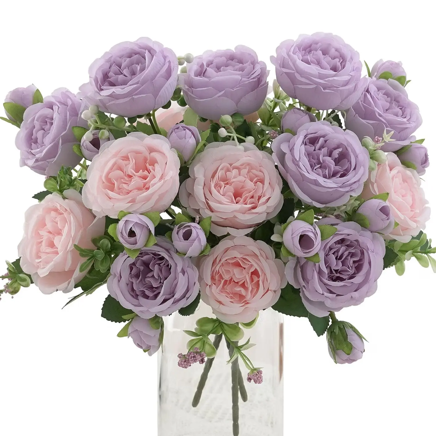 4-piece artificial peony bouquet - artificial blooming peonies with green leaves, suitable for weddings, Mother's Day, Valentine's Day, spring decoration - indoor and outdoor Decorative plastic flowers, Artificial Flower Set, without vase