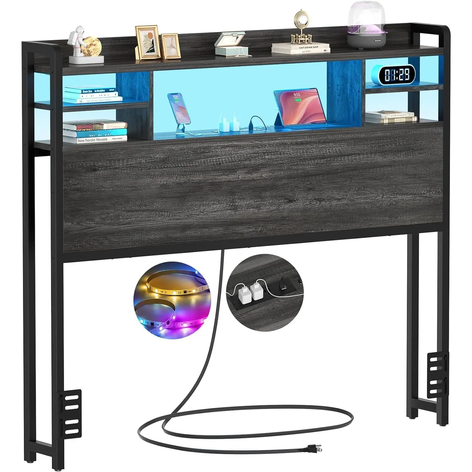 Headboard for  Size Bed with Storage, Headboards with LED Light, Power Outlets, USB Ports  Size  Board,  headboard Only Sturdy and  Headboards, Modern, Black Oak