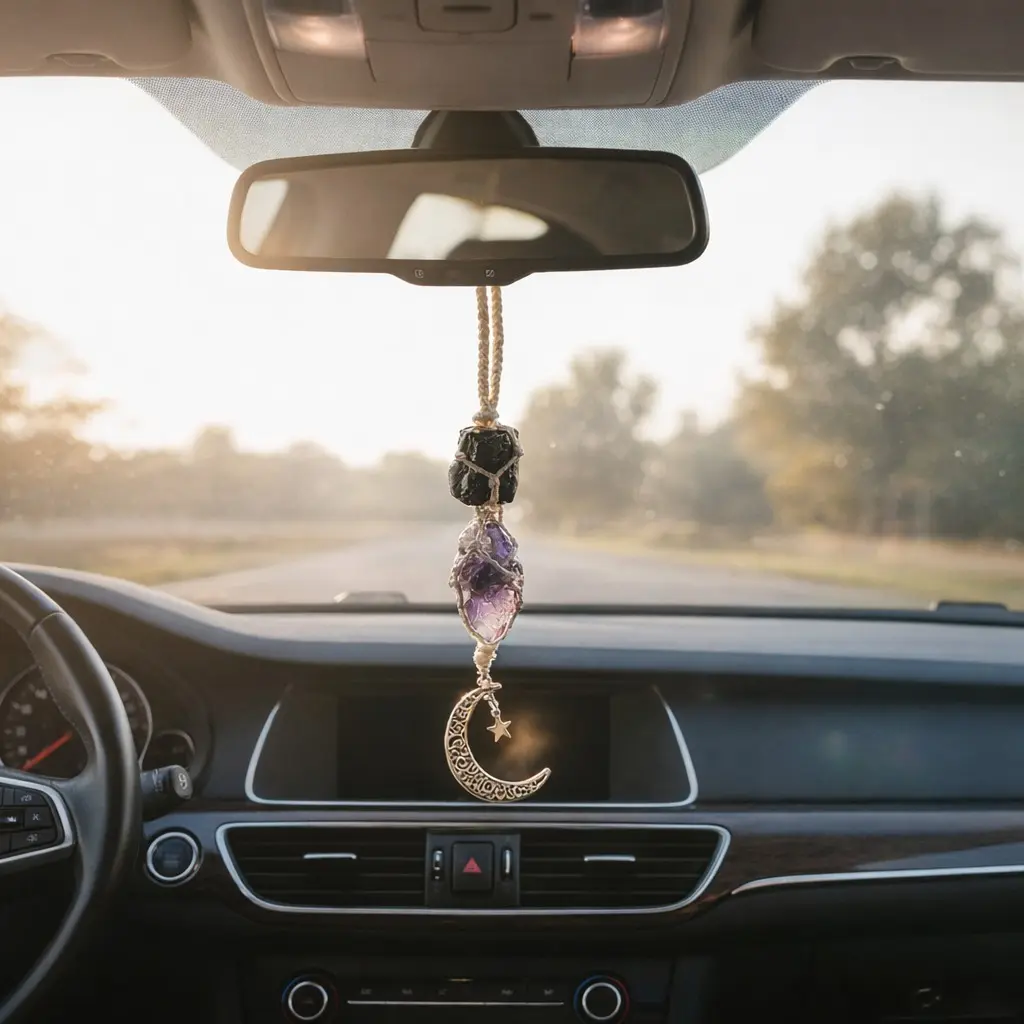 Mother’s Day Gift Car Rearview Mirror Crystal Hanging for Protection & Calm, Black Tourmaline & Amethyst Witchy Car Decor, Natural Crystal Charm Gift, Automotive Decorative Accessories, Aesthetic Car Accessory
