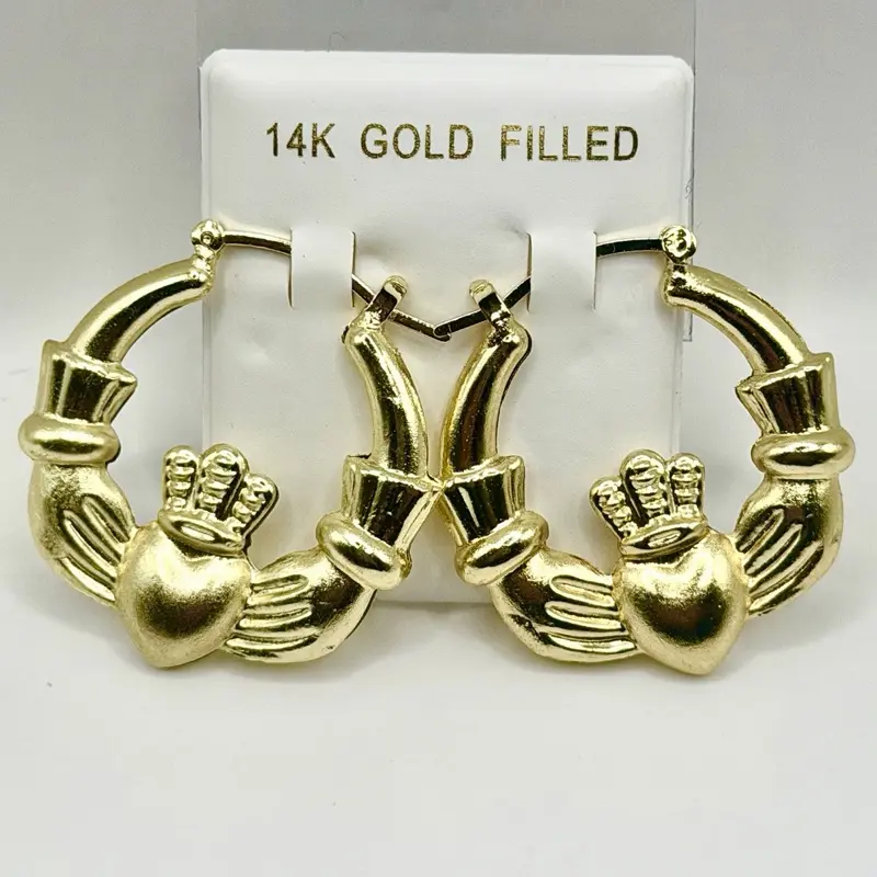 Claddagh Earrings yellow Gold Filled hoops earrings  Irish style hoops