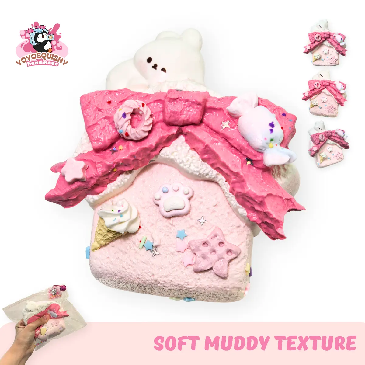 YOYOSQUISHY Pink Cute Toast House Soft Sensory Fidget Toy - Handmade Food-Grade Silicone Squeeze Stress Ball, Slow Soothing Rebound, Muddy Texture, 9.8 × 10.3 × 4.6 Cm, 240 g, Gift-Ready Box for Anyone Who Loves Adorable Squishies, Sensory Squeeze