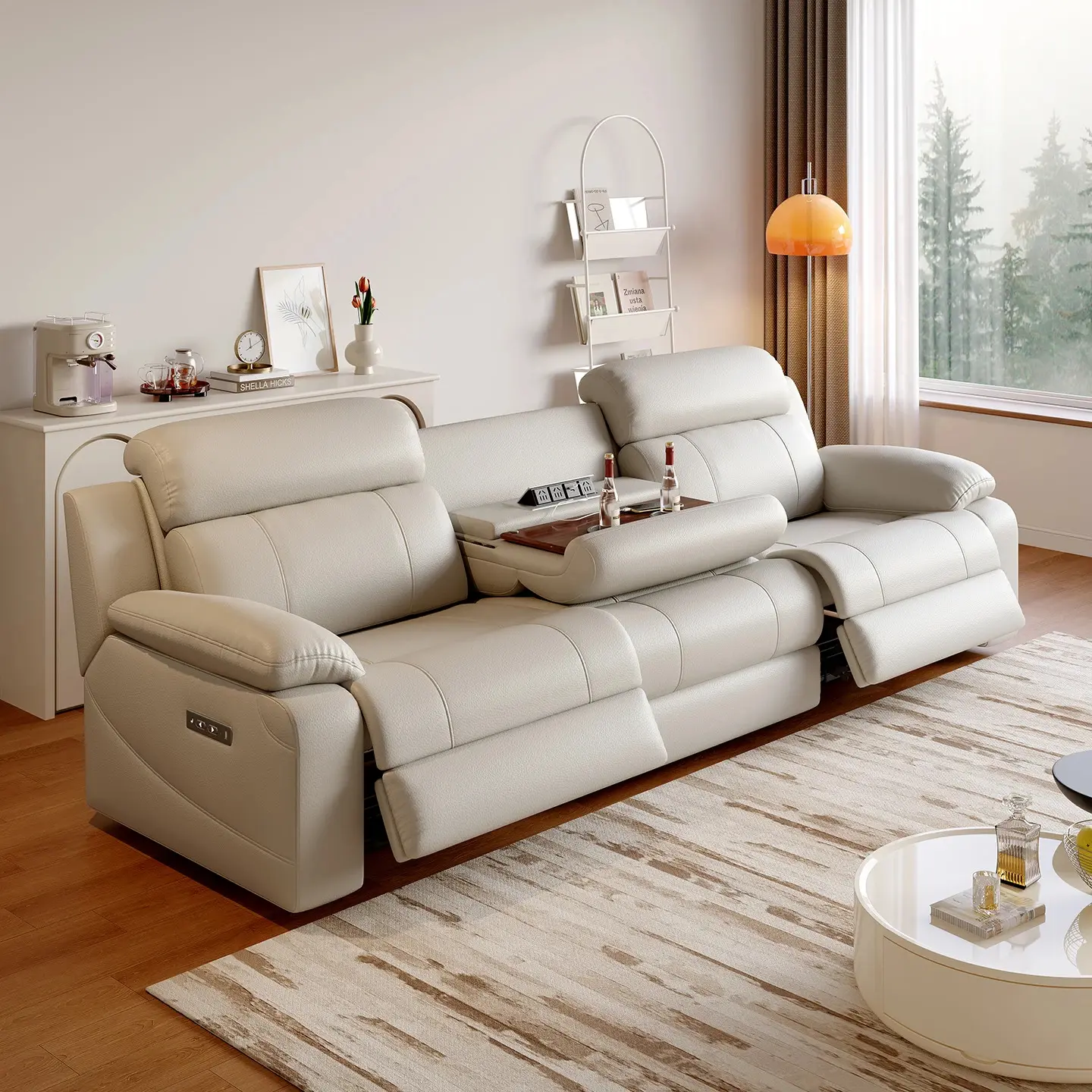 Premium Leather Power Recliner Sectional Set - Custom Rivet Wood Indoor Furniture with Sponge, Cushion Back, Power Port, USB, Adjustable Arms, Storage, Breathable Upholstery, Infinite Position, Assembly Required, Oversized Chaise Futon for Living Room