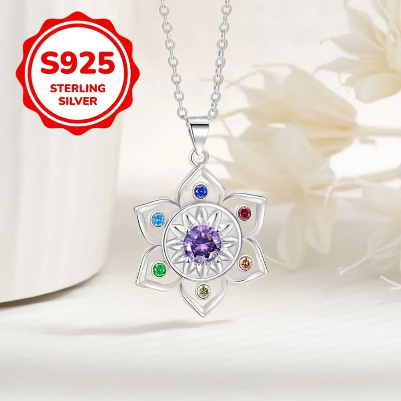 Women's 925 Sterling Silver Lotus Shape Charm Necklace, Mosaic Colorful Cubic Zirconia Hollow Pendant, All Seasons Female Fashion Jewelry, Gift-Ready for Daily Occasions