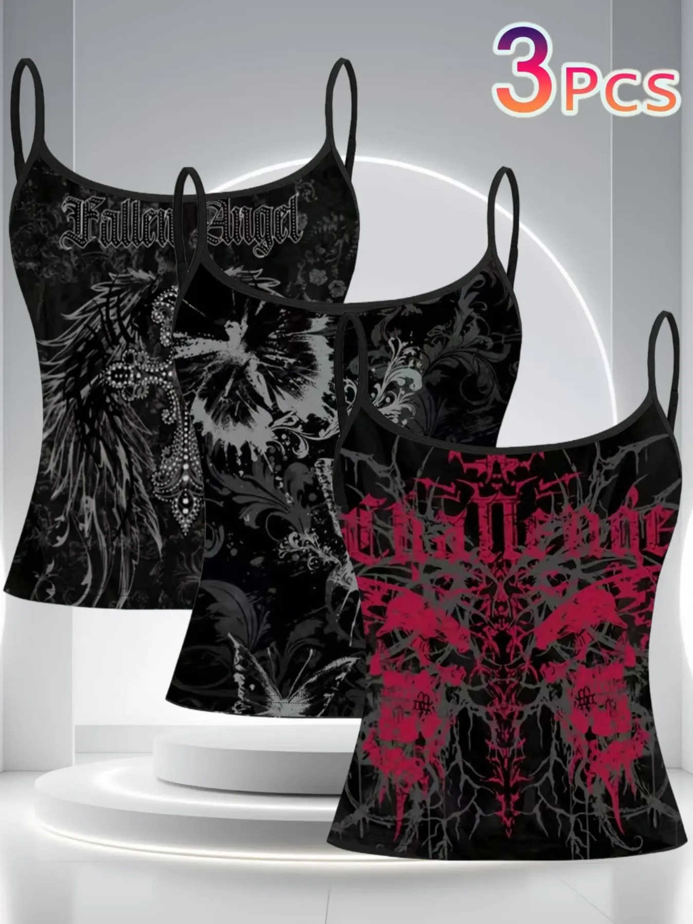 Dark Gothic Angel Print Strapless Top, Slim-Fitting Short Sleeveless Casual Shirt, Three-Piece Set, All-Over Print Design, Fitted Sleeveless Design, Womenswear
