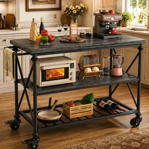 Homieasy Kitchen Island Cart with Locking Wheels, 3-Tier Wood & Metal Kitchen Table with Storage Shelves, Kitchen Rolling Island with Industrial Pipe Legs, Black Oak