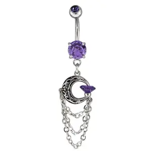Purple Half Moon Dangle Chain Belly Button Ring
