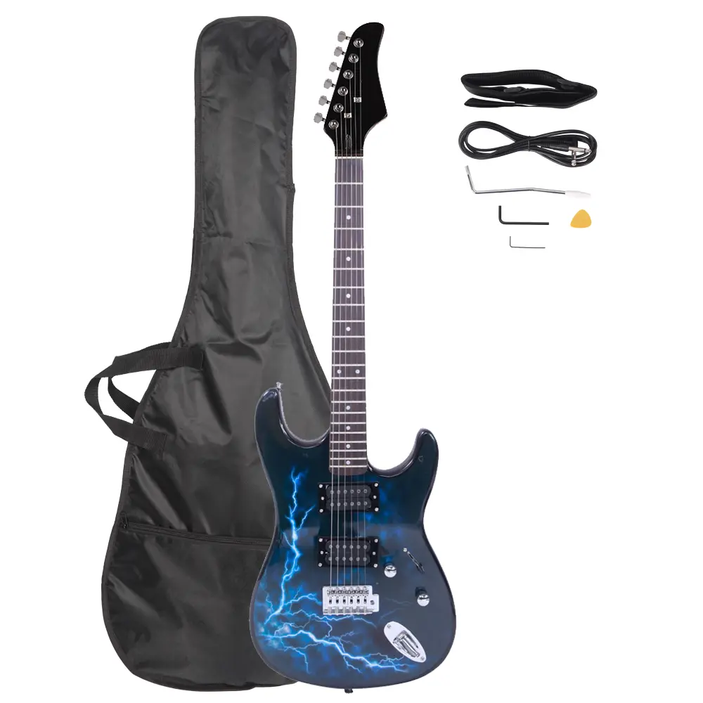 Beginner Lightning-Style Electric Guitar - Basswood Body, Black-Dark Blue Finish, Power Cord, Strap, Gig Bag, Plectrums, 123.45oz - Great Value for Teens, Festival Use, Birthdays Gifting