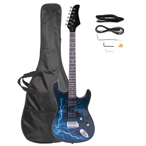 Beginner Lightning-Style Electric Guitar - Basswood Body, Black & Dark Blue Finish, Power Cord, Strap, Gig Bag, Plectrums - Ideal for Festival Use, Birthday Gifting