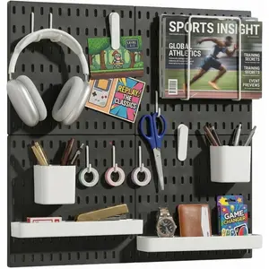 Peg Board Wall Organizer – Plastic Pegboard Panels, Modular Peg Board Storage System for Home Office, Craft Room, Gaming Setup (Black, 22″×22″)
