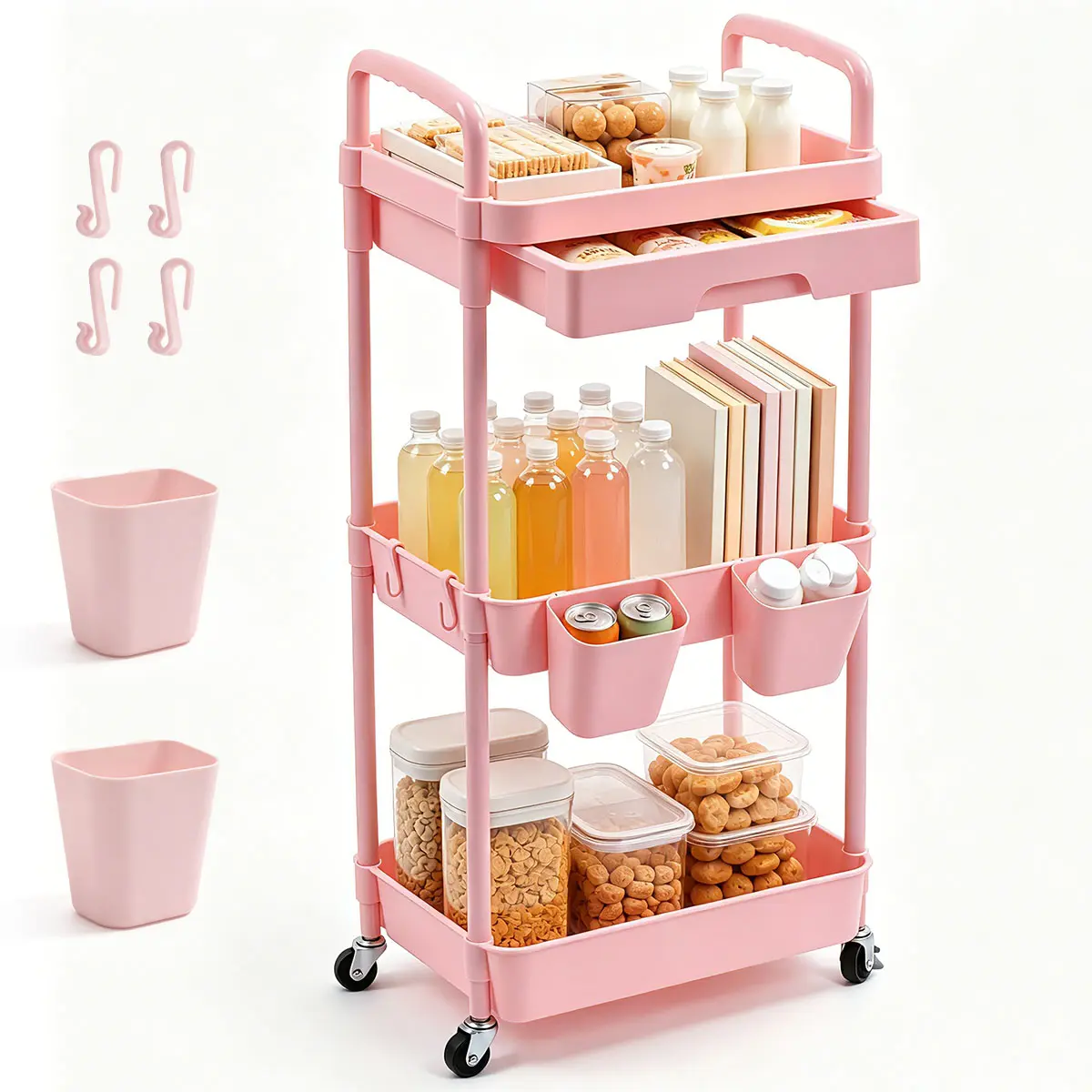 3-Tier Rolling Plastic Utility Cart - Home Organizer Storage Rack with Wheels, Handle, Hanging Cups, Hooks for Kitchen, Office, Bathroom (Black/Pink), Racks