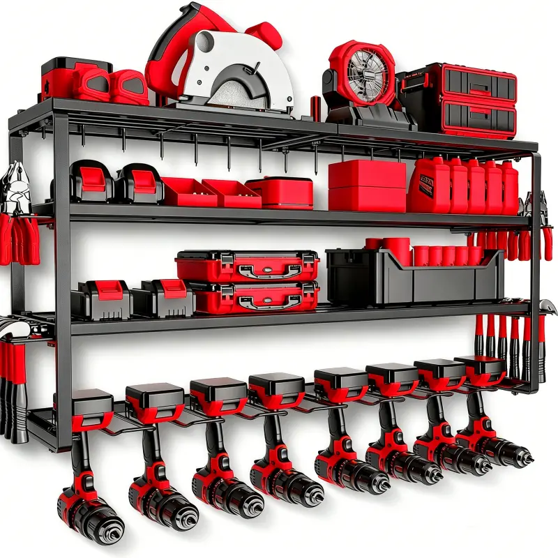Heavy-duty metal garage tool storage rack with charging station - Home tool storage, wall-mounted electric tool organizer with 8 drill head holders, tool rack and storage rack for garage organization, perfect gift for men, storage rack