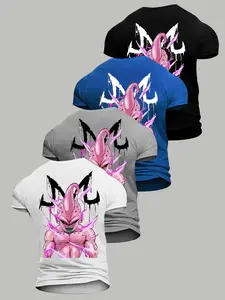 4 Piece Set American Anime Short Sleeves, Trendy Dragon Ball Fanwear, High Stretch Slim Fit Fabric, Unisex Casual Long Top