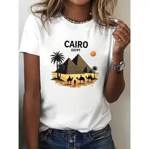 Egypt Cairo Style Landmark Printed T - Shirt, Travel Culture Top, Bride - Exclusive Top, Short Sleeve Crew Neck Casual Top For Summer & Spring, Women'S Clothing