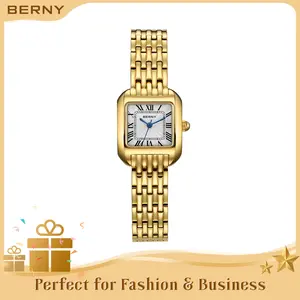 BERNY Gold Watch for Women - High Quality Elegant Vintage Square Quartz Wristwatch, Waterproof, Easily Resizable Bracelet, Roman Numeral Dial, Luxury Classy Jewelry Watches for Business Ladies, Trending Gift for All Occasions, Easter gift