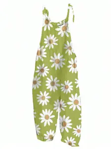 Plus Size Women's Daisy Print Wide Leg Jumpsuit - Boho Floral Summer Romper, Comfy Sage Green One-Piece for Curvy Girls (XL-4XL)
