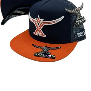 HOUSTON style Texhorn Handcrafted Navy Blue & Orange Snapback Hat with Star Logo and TEXHORN LOGO