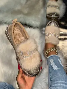 Women's Casual Faux Fur Mary Jane Flats, Cute Butterfly Rhinestone Decor, Round Toe Slip-On Shoes, All-Season Comfortable Style, Furry Shoes