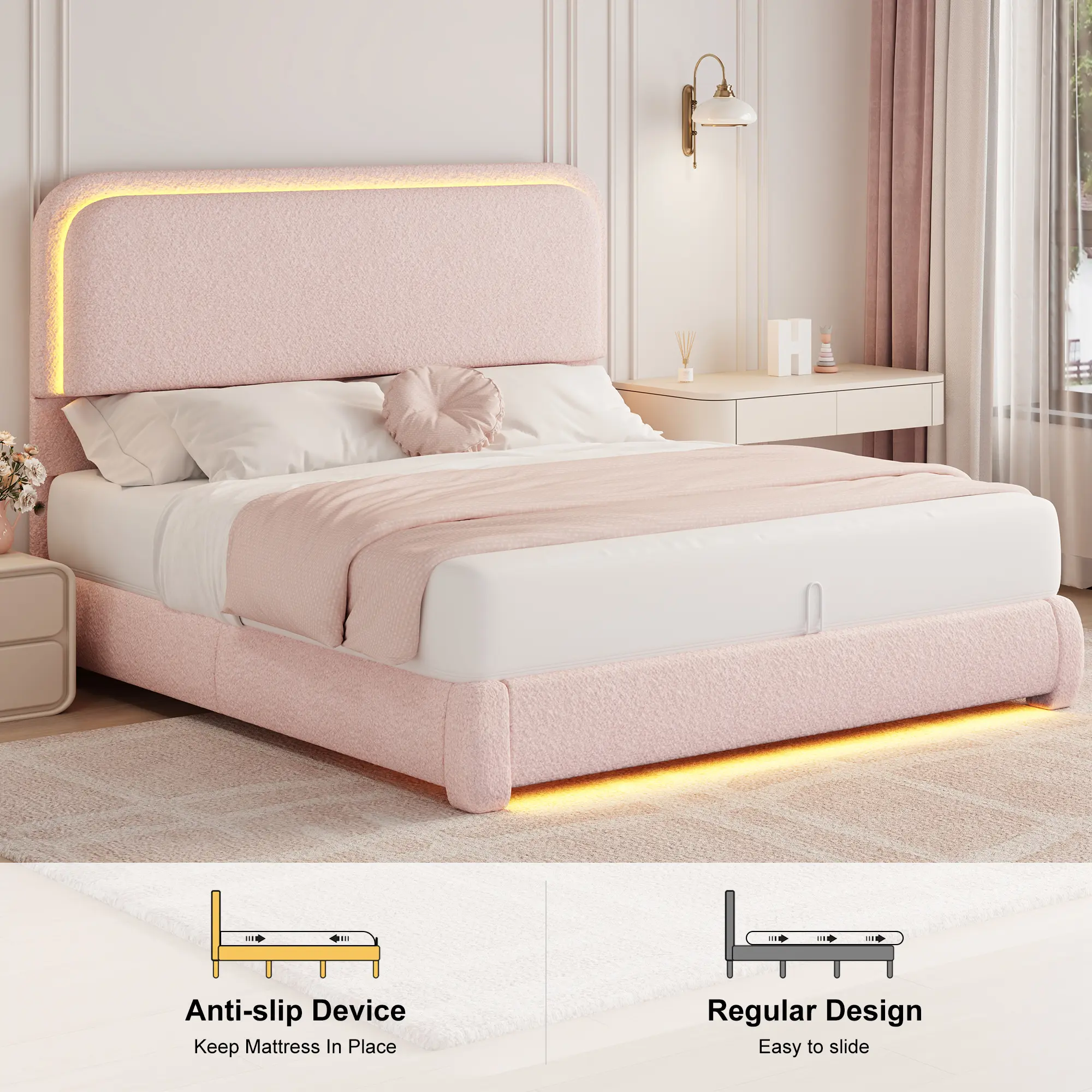 [Summerwins] SIBEDS Queen Size Aesthetic Upholstered Platform Bed Frame with Optional Mattress, LED Lights, Princess Pink Teddy Fleece Headboard, Rounded Corners, Noise-Free Design, No Box Spring Needed, Easy Assembly, Modern Home Furniture
