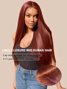 33# Redish Brown Color 4x4 Straight  Lace Closure Human Hair Wig, Pre-Plucked,  Perfect for Daily Wear, Work, Parties, Cosplay, Event Use.