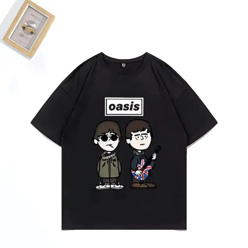 Retro Oasis 90s British Rock Indie Pop Grunge Aesthetic Heavyweight Cotton Graphic T-Shirt Retro Cartoon Band Duo Print Crewneck G5000 Classic Fit Soft Cool Gift for Music Lovers