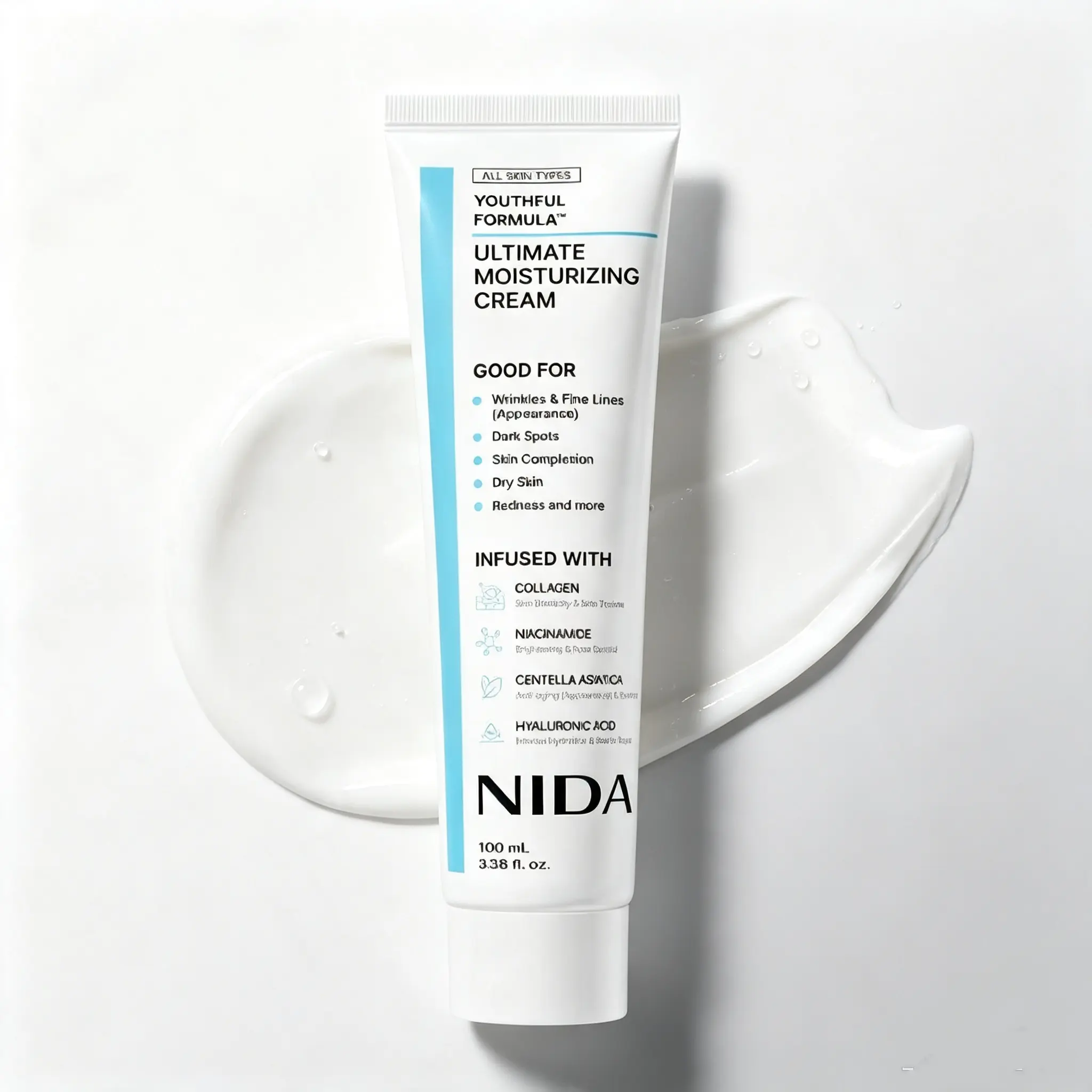 NIDA Youthful Formula Ultimate Moisturizing Cream 100ml, Collagen Niacinamide Centella Asiatica And Hyaluronic Acid Infused Daily Face Moisturizer, For Smooth Even Toned Radiant Looking Skin