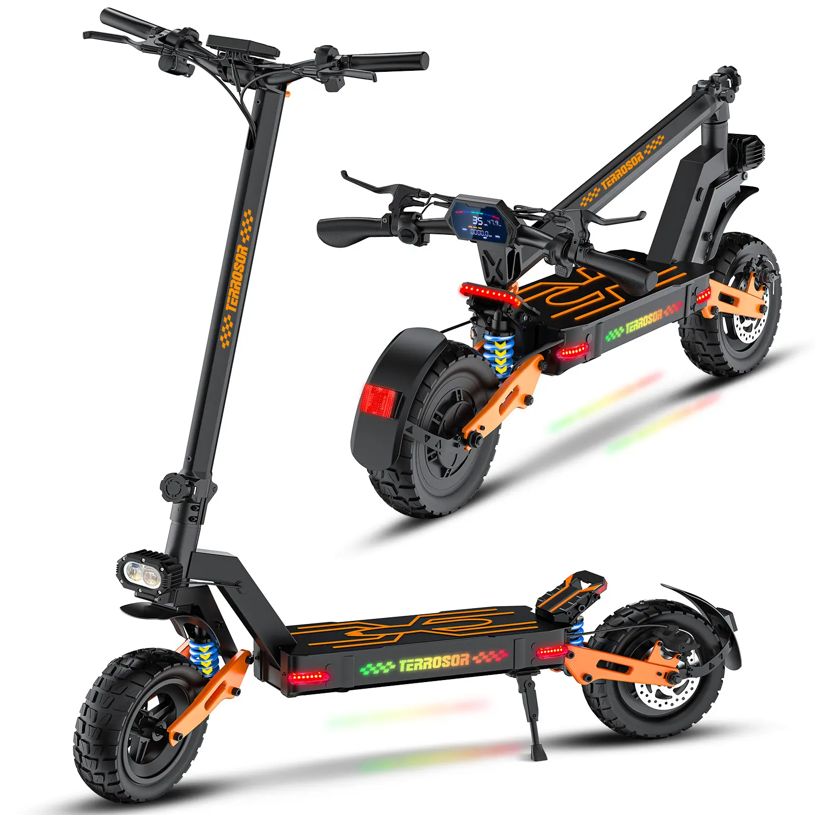 Adult Foldable Electric Scooter, 2000W Peak Power, 48V25AH Battery, 35 mi Long Range, 500 lbs Load Capacity, 11" Vacuum Tires, Dual Disc Brakes, Hydraulic Suspension, with Headlight