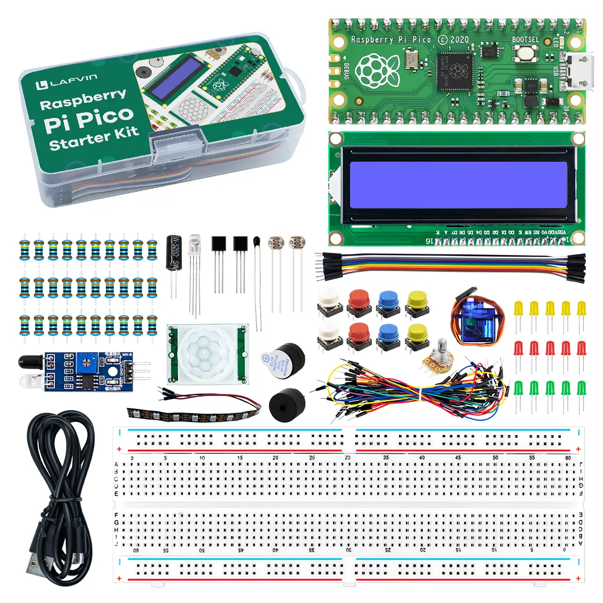 Raspberry Pi Pico Starter Kit, Complete Electronics Learning Set with LCD Display，Raspberry Pi Pico Learning Kit, Beginner-Friendly Circuit & Sensor Project Set，Complete Raspberry Pi Pico DIY Electronics Kit