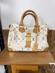 Pre-owned Louis Vuitton White Multicolore Monogram Speedy Bag 30 Iconic Takashi Murakami Collaboration with Colorful LV Monogram, Tan Vachetta Leather Trim & Gold Tone Hardware