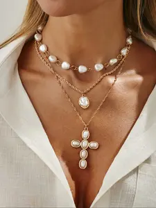 Boho Style Cross Pendant Necklace Set, Faux Pearl Inlay Jewelry, Elegant Metal Chain Necklaces for Women, Dainty Pearl Necklace, Perfect Gift for All Occasions