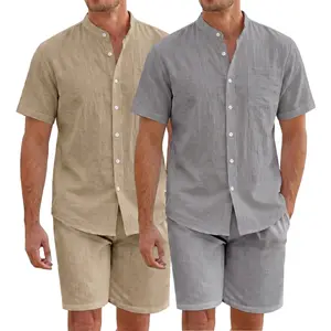 Men’s casual two-piece breathable linen set for summer—blue lightweight short-sleeve button shirt with chest pocket and drawstring shorts; a lightweight athletic set suitable for everyday wear, work, and beach vacations.