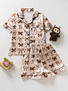 Girls' Sleepwear Set Vintage Leopard Print Bow Design Short Sleeve Top Elastic Shorts Satin Fabric Soft Comfortable Home Wear All Season Use Printed Sleepwear Set