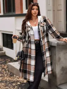 A ladies' dark gray checkered contrast-colored pocket hooded long coat with a plaid pattern. Suitable for festive outfits and can be worn both indoors and outdoors.