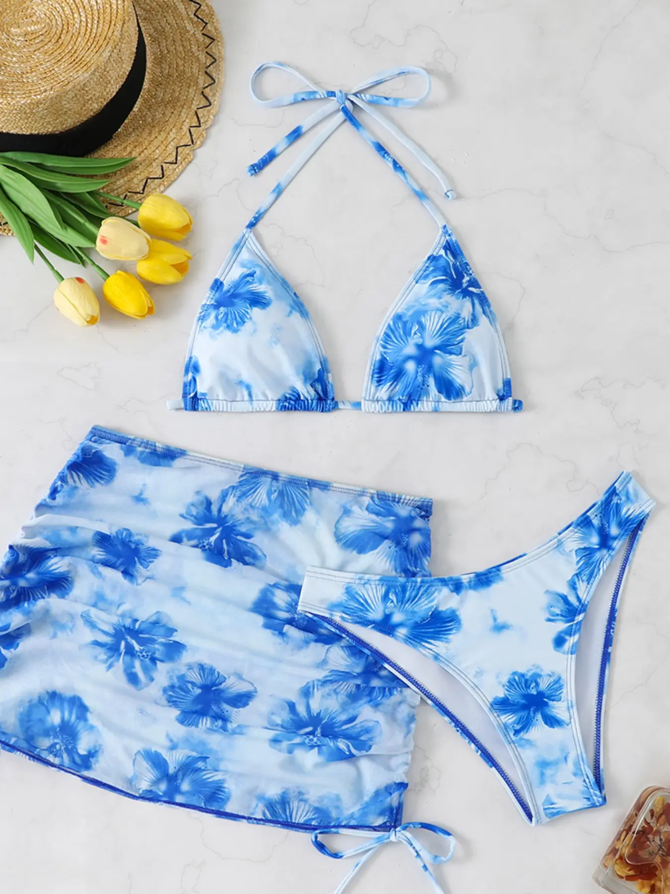 Women's Fashion Two-Piece Bikini Set, Three-Piece Swimsuit for Beach & Pool, Swimwear for Summer Vacation, Floral Print Bikini, Floral Printed Swimwear