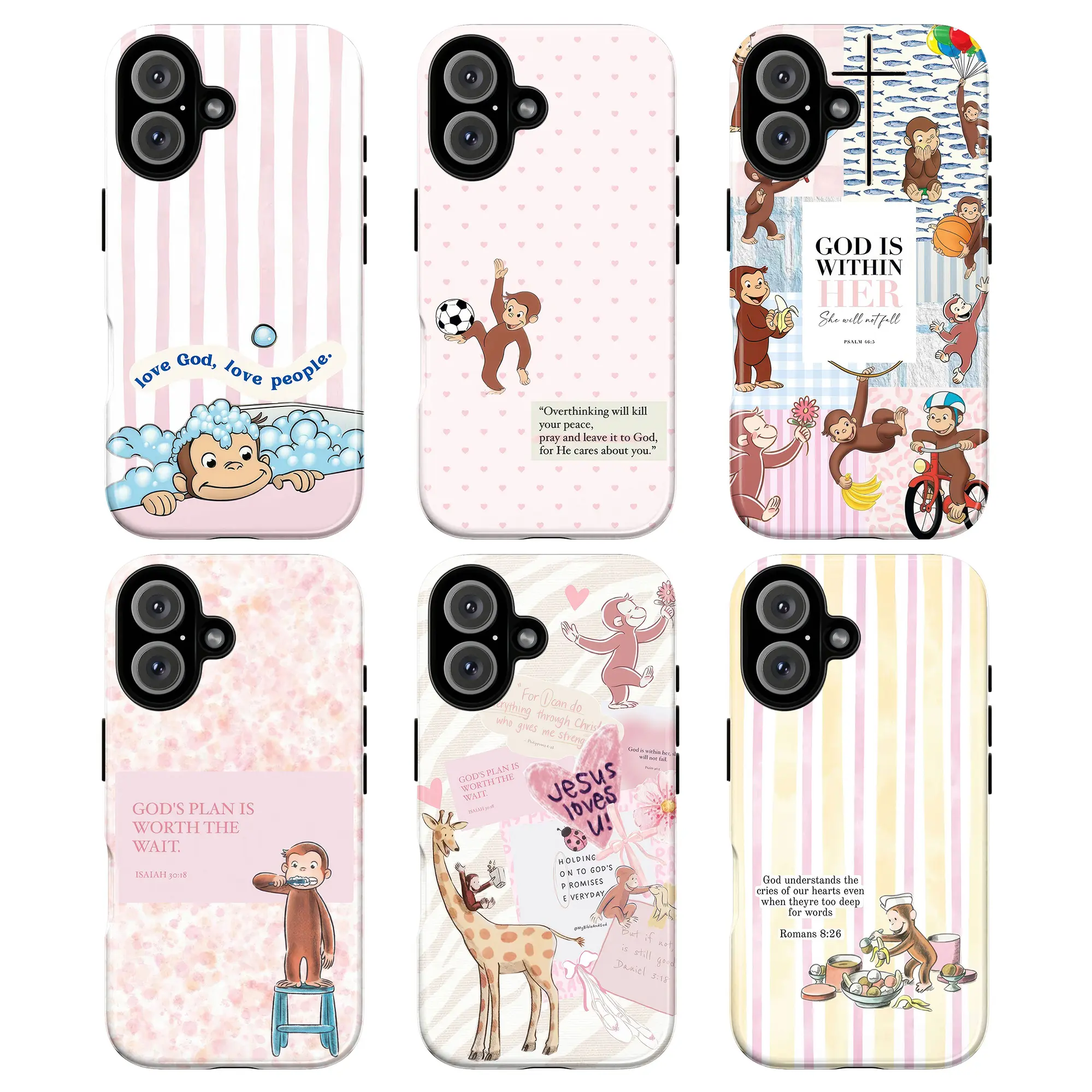 Tough Cute Cartoon Curious George Phone Case for iPhone Series, Pastel Inspirational Bible Verse Bible Quotes Cover, Various Sizes Protective Accessory, Gift for Fans, Cute Accessories