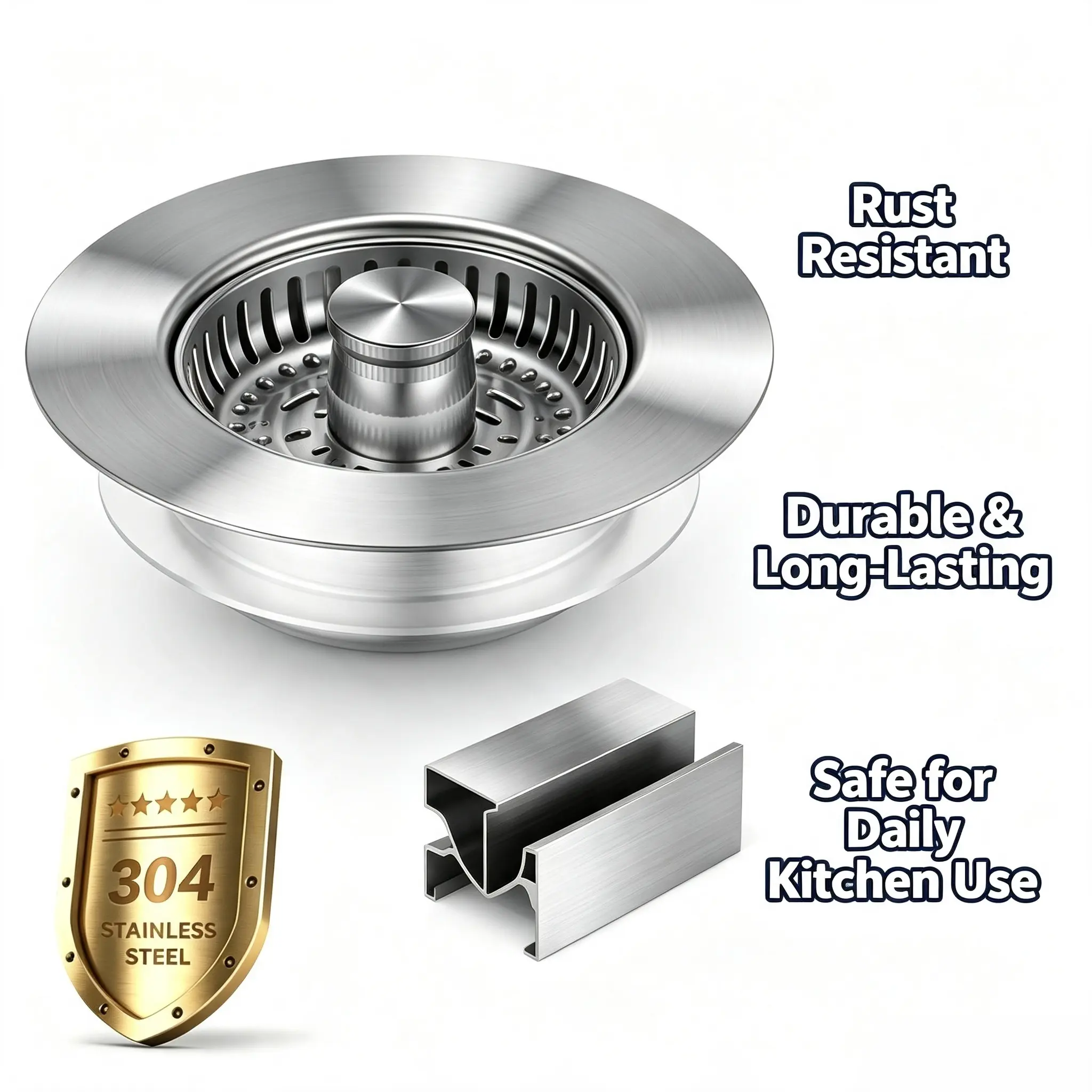 304 Stainless Steel Kitchen Sink Drain Strainer and Stopper, 2 in 1 Press-to-Seal Sink Drain Plug with Anti-Clog Food Catcher Basket, Rust Resistant Universal 3.5 Inch Drain Stopper Fits Standard Kitchen Bathroom Utility Sinks Filter Cleaning