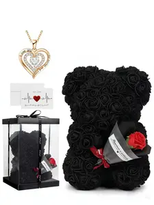 Heart Pendant Necklace Set with Bear Hugging Flower Bouquet, Mother's Day Gift Box, Valentine's Day Present for Girlfriend