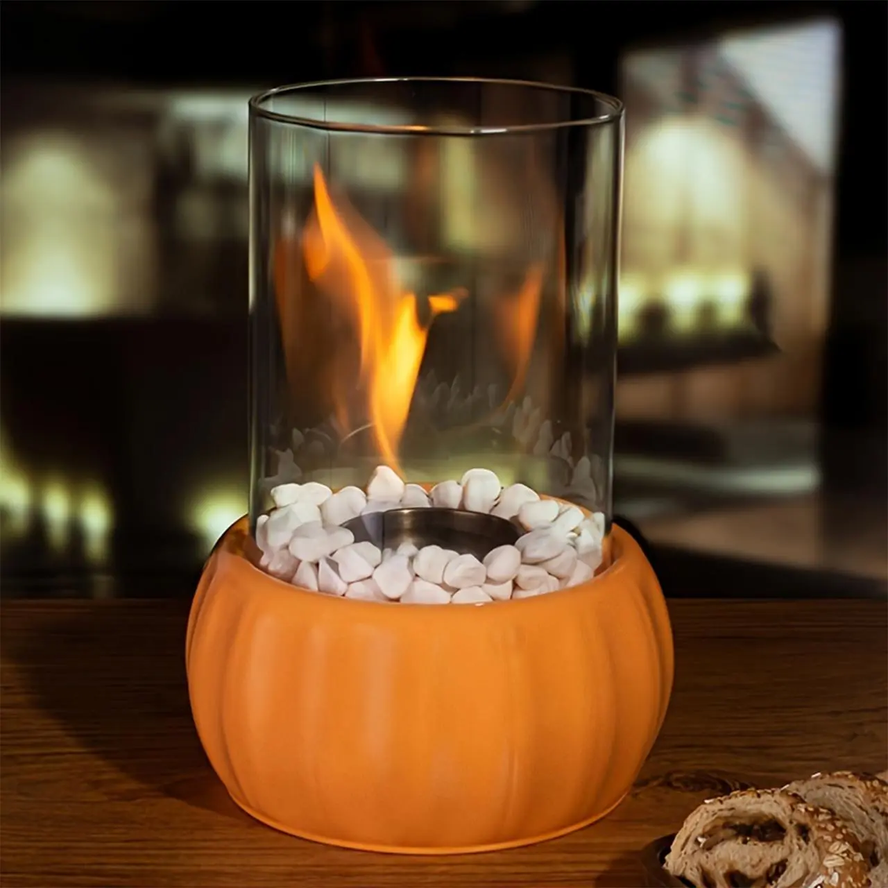 Pumpkin Shaped Fireplace, 1 Count Portable Desktop Fireplace with Round Glass, Creative Fireplace for Home Decor, Vanity Decor Accessories