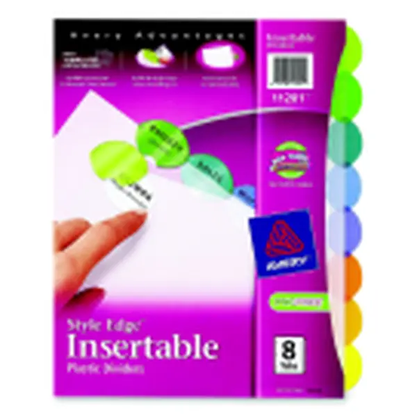 Avery Plastic Style Edge Insertable Divider - 8-Tab, Multiple-Color Large Tabs, Translucent Printable 3-Hole Binder Accessory, Compatible with Typewriters, Laser/Inkjet Printers, PVC-Free, Includes Box Tops, Three-Hole