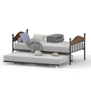 Twin Daybed with Trundle, Metal Platform Bed Frame with Foldable Trundle, Stylish Headboard,Heavy Duty Steel Slats, Space-Saving for Bedroom, Guest Room, Living Room