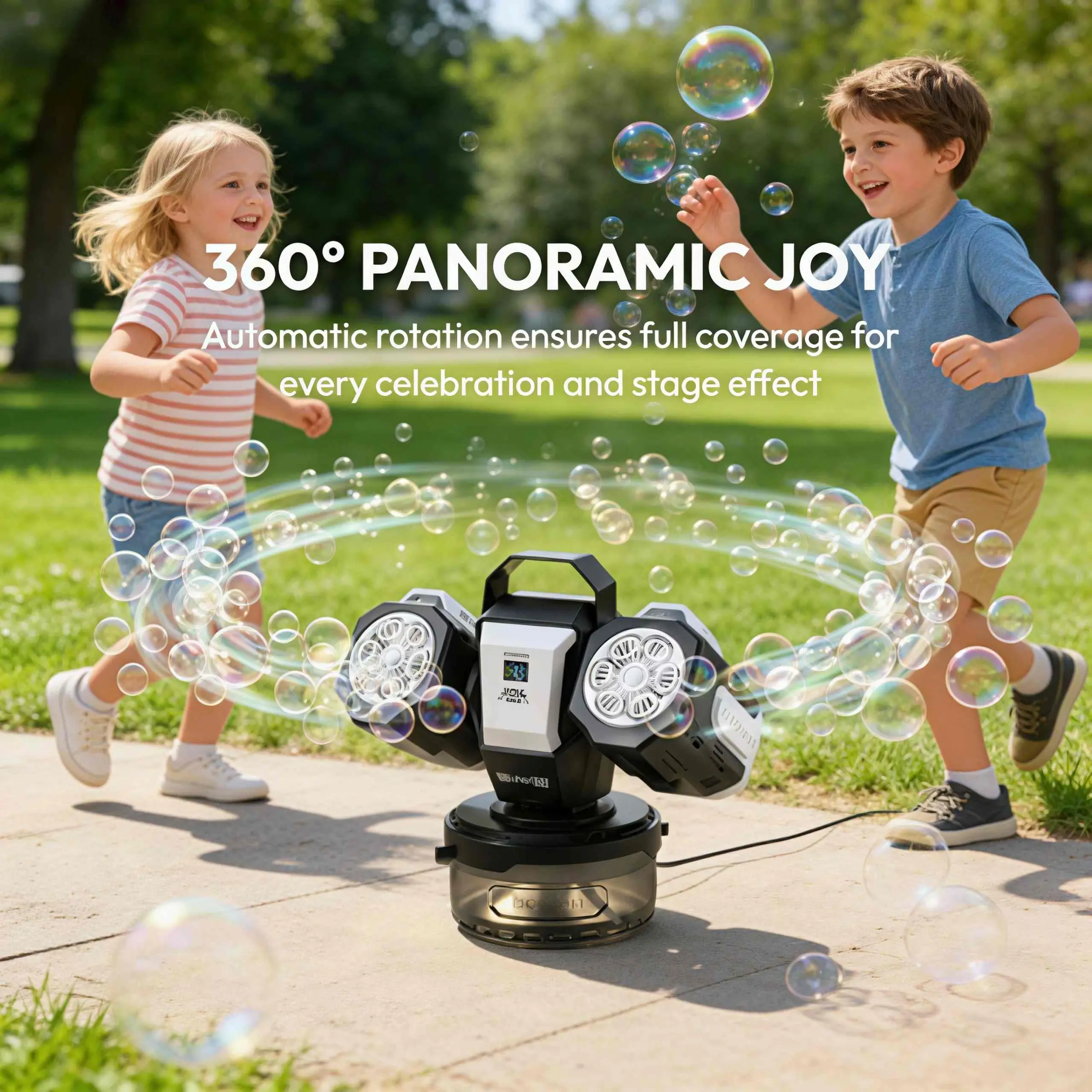 Automatic Dual Head Bubble Machine, Remote Charging, RGB Atmosphere Light, 360° Rotation, Includes 50ML Concentrate, Wedding Party Outdoor Use, Automatic Bubble Blower, Automatic Bubble Maker