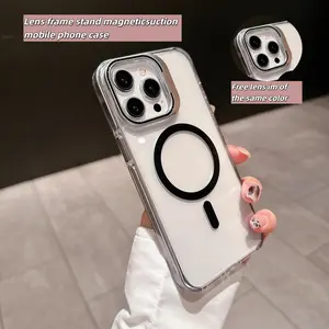 Transparent Anti-Fingerprint Magnetic Phone Case for iPhone 17 Pro Max 16/15/14/13 MagSafe Compatible Military-Grade Shockproof with Camera Lens Protector & Built-in Stand Protective Smartphone Cellphone Metal