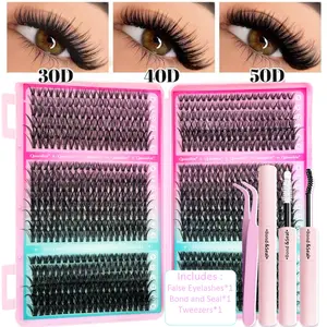 DIY Eyelash Extension Kit: 800-piece set with 30/40/50D lash clusters, D-curl individual lashes. Comes with glue, sealant, lash remover and lash tweezers. 8-16mm mixed-length lash extension kit, available as single boxes&sets with different accessorie