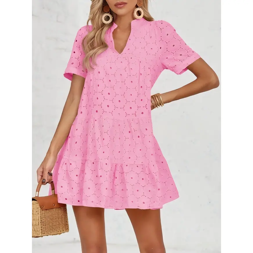 Women's 100% Cotton Eyelet Babydoll Tunic Dress - Short-Sleeve, V-Neck, Flowy, Basic Casual Wear for Brunch Outfit Ideas, Summer Vacation, Shortsleeve, Baby Doll Aesthetic, Dating, Lace Eyelets, Piece, Shopping, Lacy