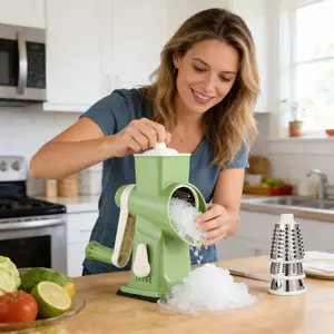 Multifunctional Ice Crusher3-in-1 Rotary Cheese Grater with Handle, Ice Shaver Vegetable Slicer, 3 Replaceable Blades, Strong Suction Cup Base, Multifunctional Kitchen Gadget for Cheese Veggie Ice Shaving Food Prep