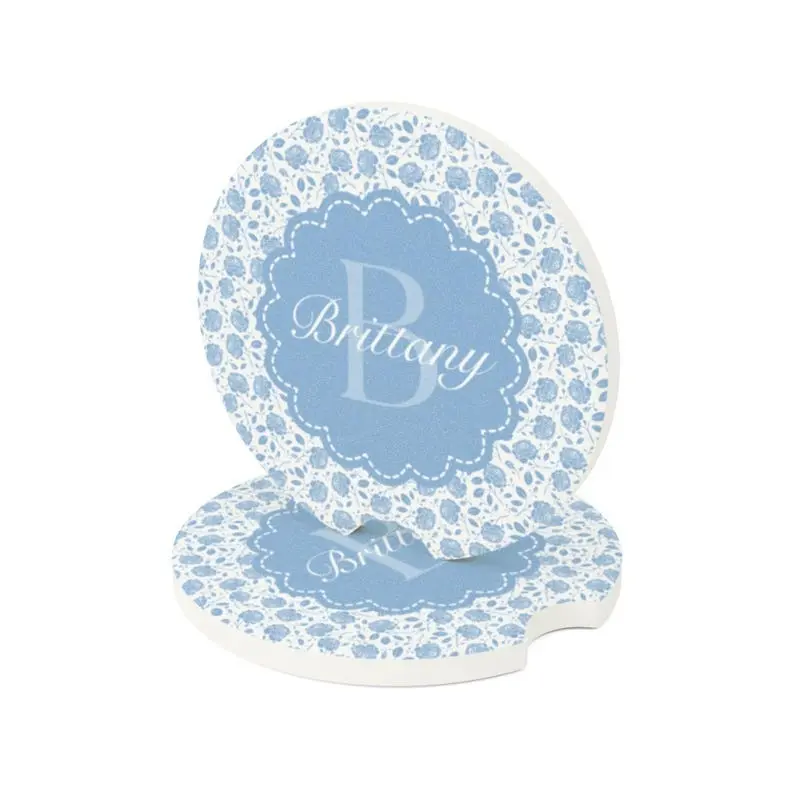 Monogram Car Coaster, Blue Floral Personalized Gift for Her