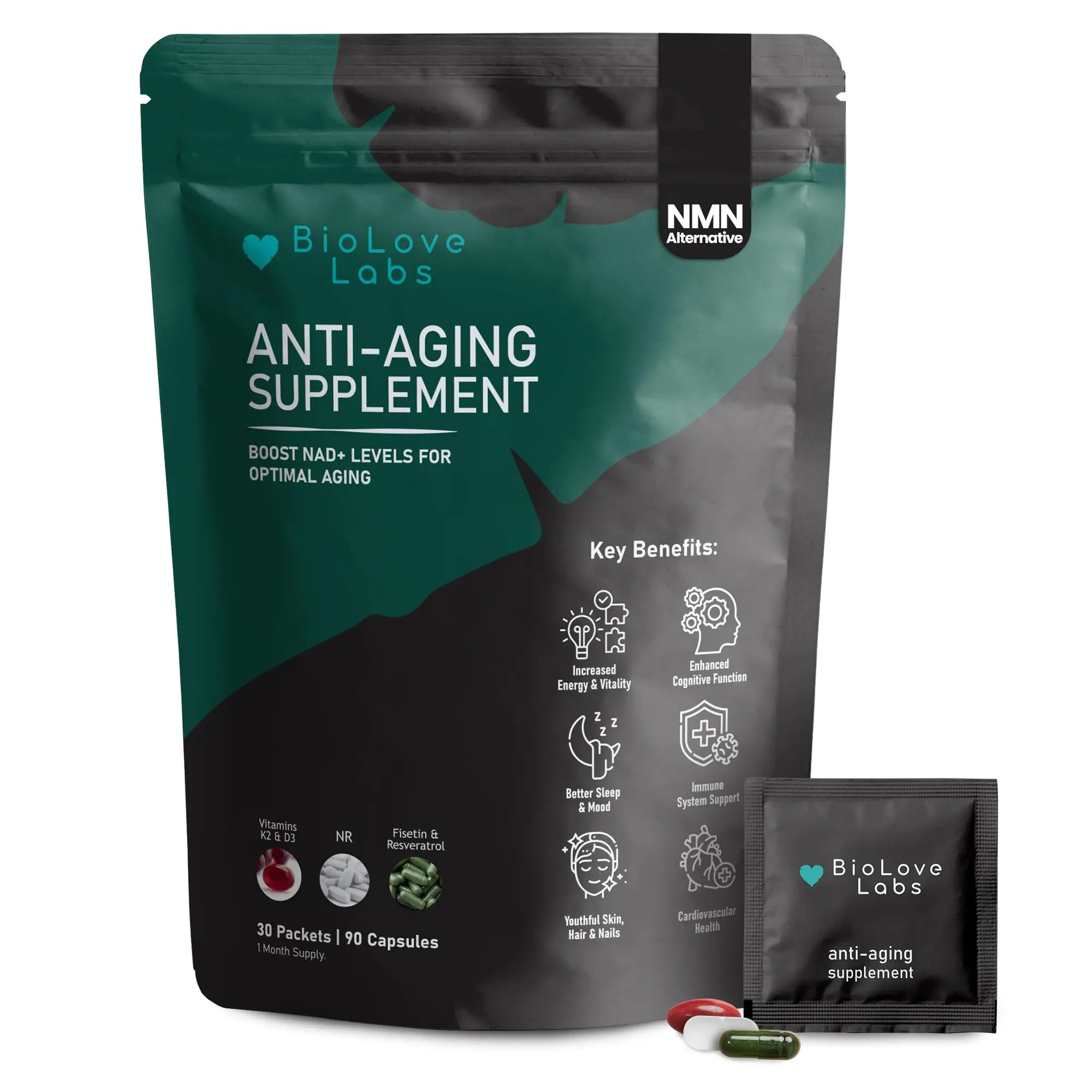 Biolove Labs NAD Booster: NR, Fisetin, Resveratrol, K2 & D3 | 3-in-1 Formula for Healthy Aging, Brain & Body Support | NMN Alternative | 90 Capsules